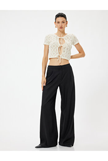Koton High Waist Linen Trousers - Wide Leg, Pocket and Pleat Detail