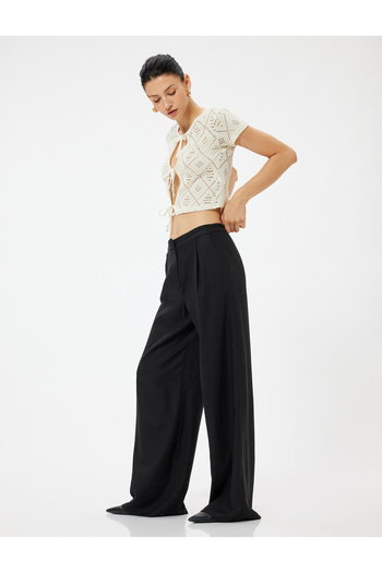 Koton High Waist Linen Trousers - Wide Leg, Pocket and Pleat Detail