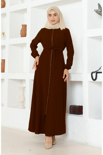 sefamerve Ferace with Wrapped Fabric Belt 1019-07 Brown
