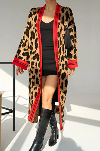 Lavanta Tekstil Women's Shawl Neck Leopard Print Stripe Long Cardigan