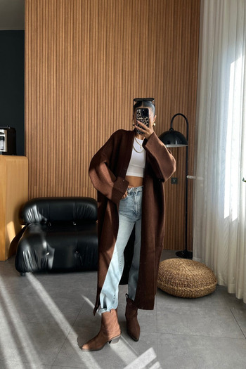 NEW JOURNAL Γυναικεία Καφέ Μάξι Μήκος Μακρύ Hijab Fleece Χοντρή Πλεκτή Ζακέτα