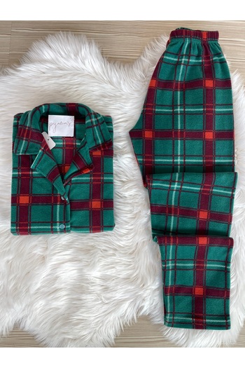 Pijamacs Green Plaid Print Front Button Fleece Pajamas Set