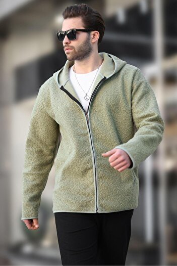 Madmext Green Zippered Plush Men's Cardigan E7080