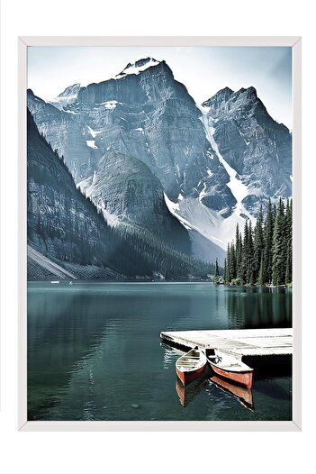 Postifull Canoes in the Lake Framed Painting, White Frame and Poster, Wall Painting Comfort Series No:108362