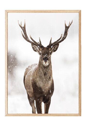 Postifull Red Stag New Year Painting, Wooden Frame and Poster, Vertical Wall Painting Comfort Series No:108472