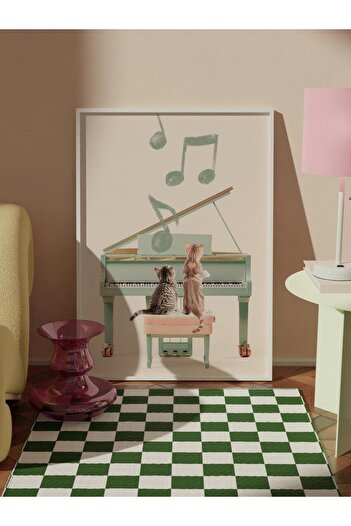 Postifull Cats Playing Piano Framed Painting, White Frame and Poster, Wall Painting Comfort Series No:108440