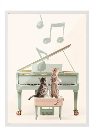 Postifull Cats Playing Piano Framed Painting, White Frame and Poster, Wall Painting Comfort Series No:108440