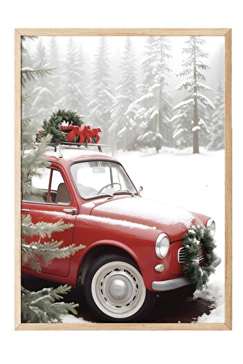 Postifull Jolly Car New Year Painting, Wooden Frame and Poster, Vertical Wall Painting Comfort Series No:108471