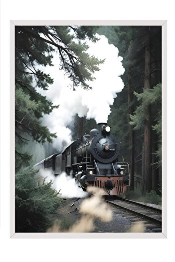 Postifull Magical Steam Train Framed Painting, Vertical Wall Painting Comfort Series No:108497