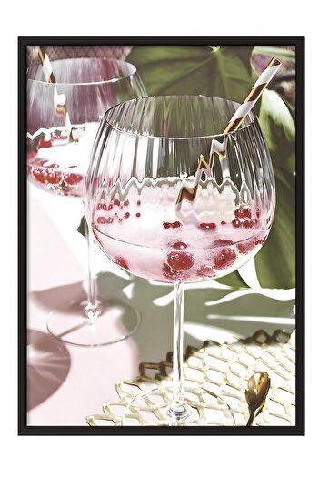 Postifull Pink Drink Framed Painting, Black Frame and Poster, Vertical Wall Painting Comfort Series No:108377