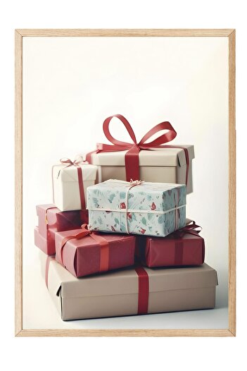 Postifull Pile of Presents New Year Painting, Wooden Frame and Poster, Wall Painting Comfort Series No:108476