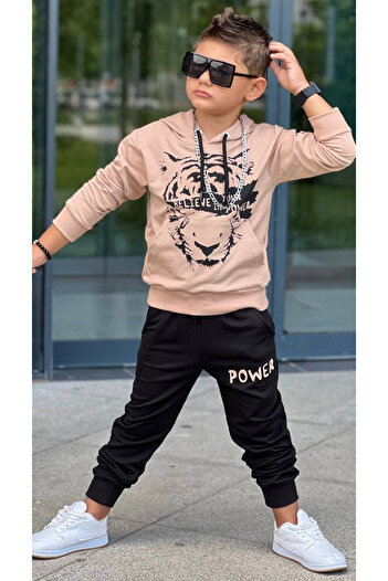 LaddyCo Tiger Printed 3 Thread Hooded Ecru Bottom-Top Boy's Set