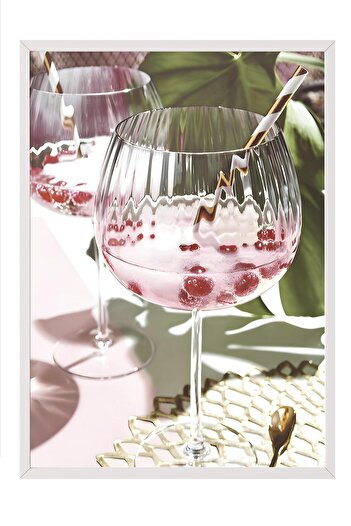Postifull Pink Drink Framed Painting, White Frame and Poster, Vertical Wall Painting Comfort Series No:108377
