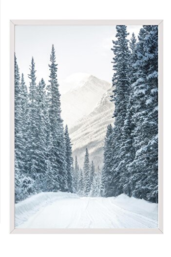 Postifull Winter Road Framed Painting, White Frame and Poster, Vertical Wall Painting Comfort Series No:108511