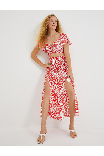 Koton Floral Long Skirt with Front Slit