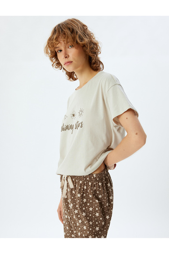 Koton Printed Knitted Pajama Set - Short Sleeve T-shirt and Bottom