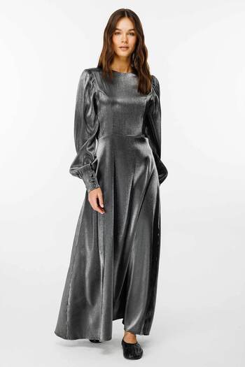 Hooopstore Glossy Textured Balloon Sleeve Gray Dress