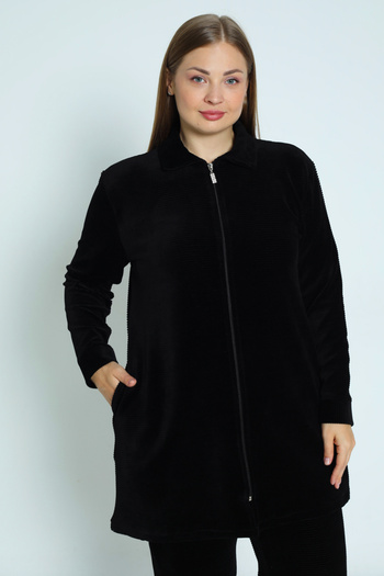 İntensive γυναικεία plus size μαύρες τσέπες με φερμουάρ μακρυμάνικο βαμβακερό βελούδινο επάνω σετ