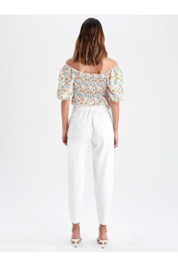DeFacto Paperbag Gabardine Pants High Waist Pocket Basic Straight Standard Leg