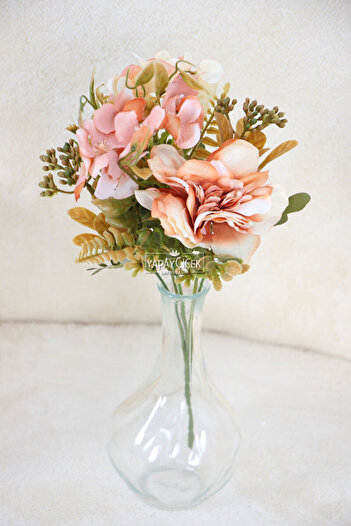 Yapay Çiçek Deposu Artificial Mini Garnished Bush Rose-Hydrangea Bunch Salmon