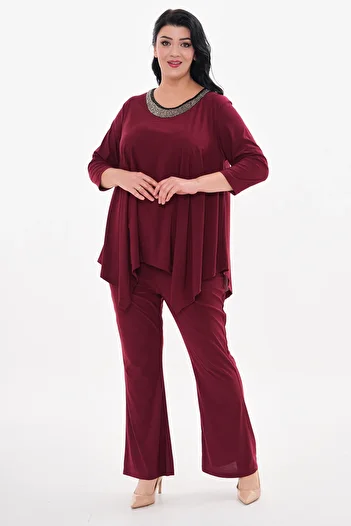 IŞILTI Plus Size Embroidered Neckline - Sendy Sand Spanish Leg Pants Set 5001