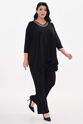 IŞILTI Plus Size Embroidered Neckline - Sendy Sand Spanish Leg Pants Set 5001