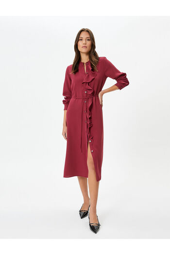 Koton Midi-Kleid mit Rüschen, langen Ärmeln, Knopfleiste und Taillenschnürung