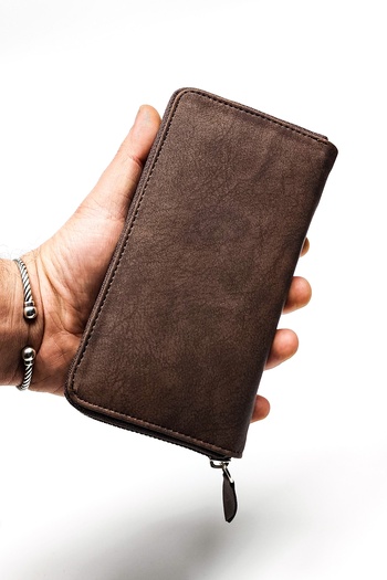 ANDİFLİ Telefon Bölmeli Unisex Deri Portföy Kartlık Uzun Cüzdan Crazy Koyu Kahverengi