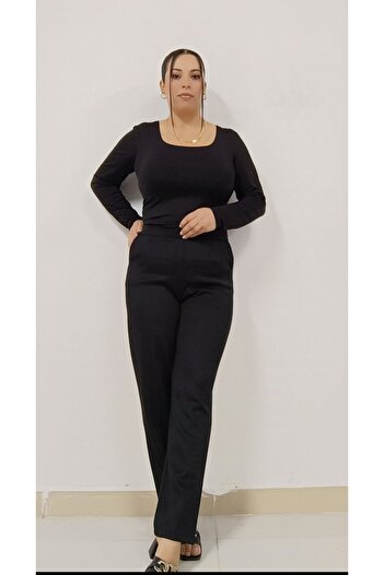 AKŞEN GİYİM Women's Large Size Cellulite Without Waist Thick Scuba Fabric High Waist Classic Cut Pant
