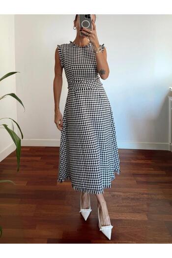 Maldia Shop Women's Tweed Houndstooth Sleeveless Black Midi Dress