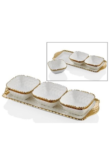 Joy Carmen 3-Piece Hammered White Gold Porcelain Breakfast Set - 36cm with Tray