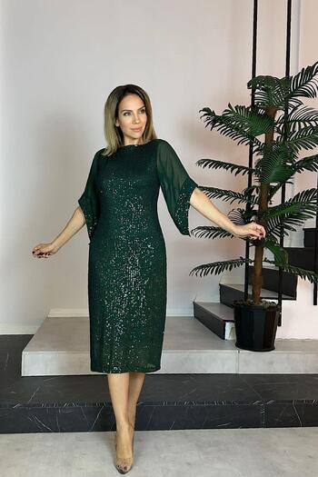 gesmoda G0727 Chiffon Sleeve Detailed Sequin Evening Dress Emerald