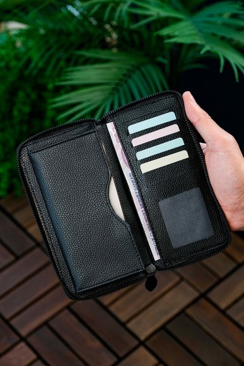 ANDİFLİ Leather Wallet with Phone Compartment Portfolio Card Holder Black Wallet with 6 Card Capacity Cash Money Compartment