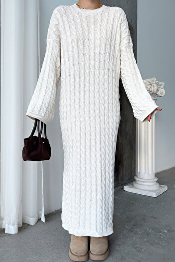 VAGGON Γυναικείο εκρού Crew Neck Hair Braided Knitwear Midi Dress Prm1341