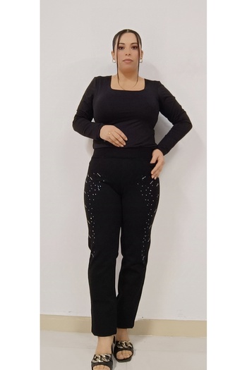 AKŞEN GİYİM Plus Size Recovery Two Sizes Thin Showing Elastic Waist Punto Fabric Side Stone Pant