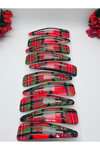 İnDerin Red Plaid Patterned Snap 10-Piece Hair Clip