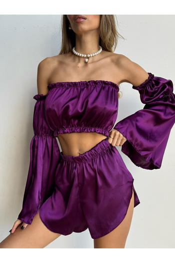 EDLİNGERİE Plum Elsa Plum Satin Ruffle Pajama Set