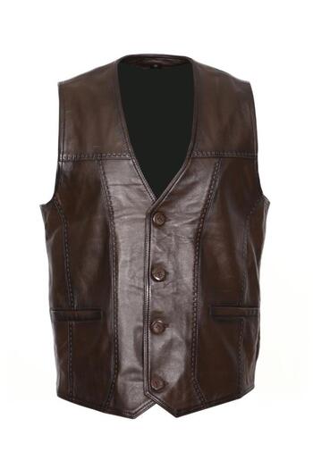 Sanalbolluk Hazelnut Color Leather Vest with Stitched Front
