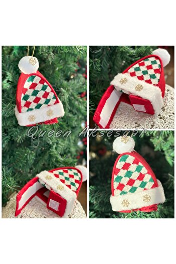 QUEEN AKSESUAR Christmas Tree Decoration with Luxury Collection - Cap Hat, Glitter Gift Box, Santa Claus Tree Ornament