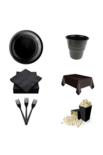 asöy Birthday Disposable Black Plate Cup Cup Cutlery Napkin Corn Box Tablecloth Set Disposable