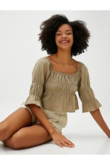 Koton Cotton Crop Blouse - Square Collar and Drawstring Design
