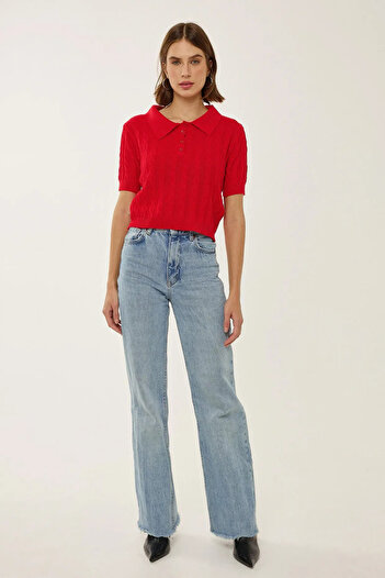 Hiccup Hair Knit Patterned Polo Neck Knitwear Top
