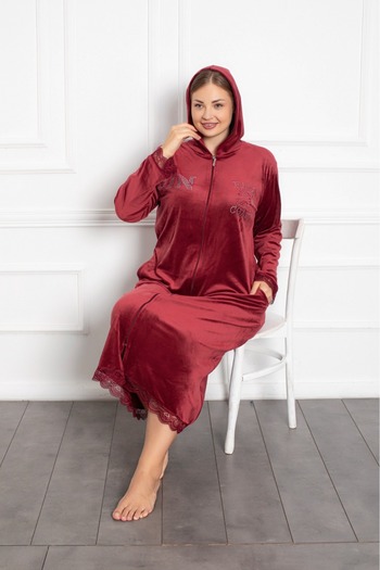 Lady Lingerie Plus Size Velvet Red Hooded Zipper Maxi Length Dress