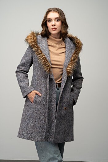 Olcay Herringbone Patterned Furry Hooded Coat - INDIGO 3044