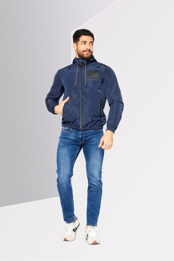 Replay Men Hooded Brand Logo Windbreaker Jacket, Navy Blue