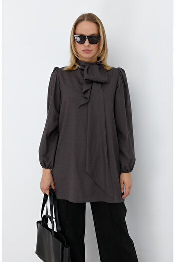 Fatma Atasoy Midi Viscose Gray Tunic with Bow