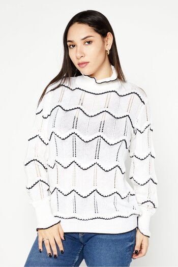 ONE STEP Women Mock Neck Textured Sweater, Ivory