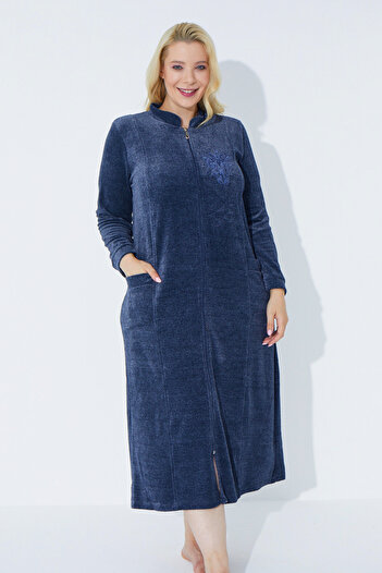 İntensive Navy Blue Long-Sleeved Zipper Embroidery Women's Plus Size Cotton Velvet Dress