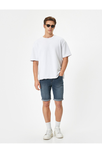 Koton Cotton Denim Shorts - Layered Leg, Buttoned Pocket