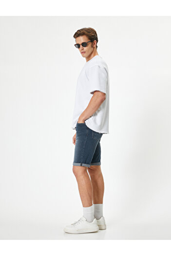 Koton Cotton Denim Shorts - Layered Leg, Buttoned Pocket